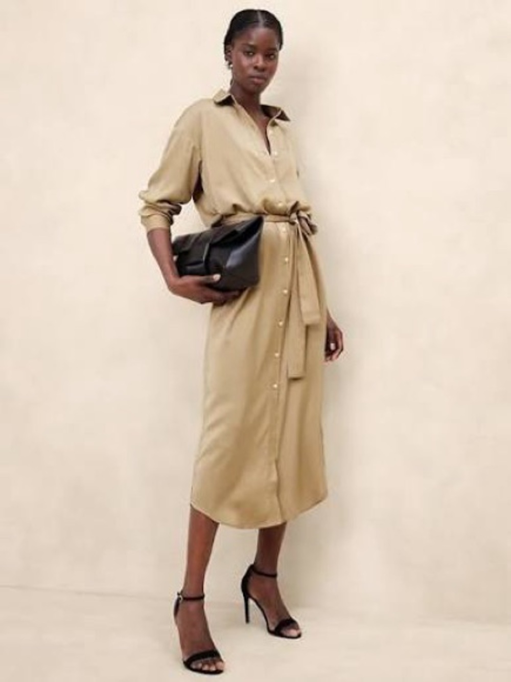 Banana Republic Tie-Waist Tan Satin Shirtdress Sz-SP